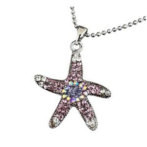 New Starfish Pendant Necklace Pink AB Crystal Silver Tone Nautical - 4P
